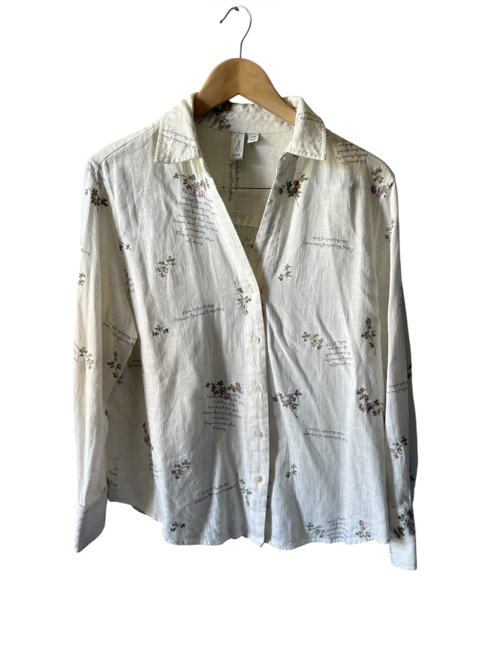 Joie Floral Script Linen Blend Button-Down Blouse Ivory Long Sleeve Size Large